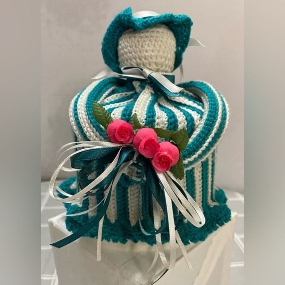 Vintage Kitschy Crocheted Angel Teal White Toilet Paper Roll Decorative Cover